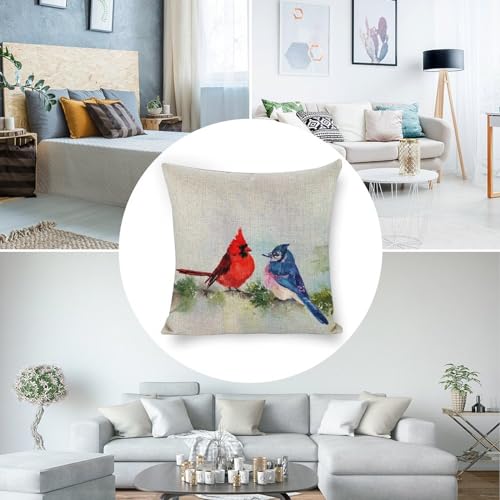 Linen Cardinal & Blue Jay 18x18 Pillow Covers - Farmhouse Decor