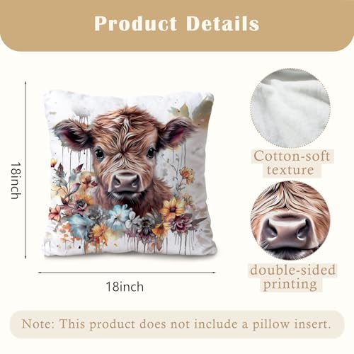 Highland Cow Pillow Cover 18x18, Soft Cotton Farmhouse Decor - Style 002