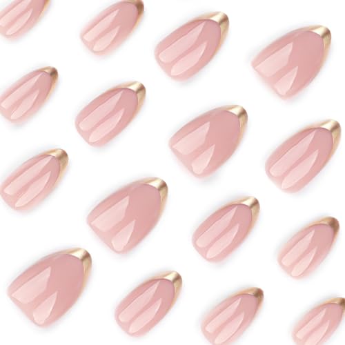 Short Oval French Tip Press on Nails with Gold Glossy Finish (24 Pcs)