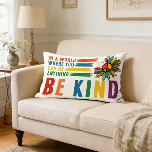 Be Kind Rainbow Pillowcase 12x20 Inch | Double-Sided Linen Throw Pillow Cover