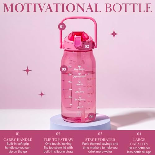 Paris Hilton 50-Ounce Motivational Water Bottle with Straw - Pink