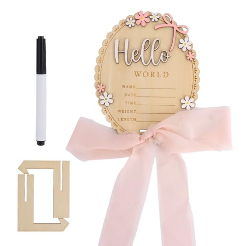 Wooden Baby Announcement Sign with Stand, Hello World Newborn Photo Prop