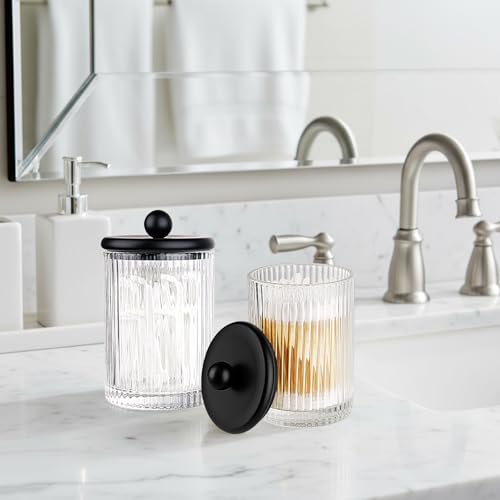 SheeChung 8.5oz Ribbed Glass Qtip Holder with Black Lid - Bathroom Jar