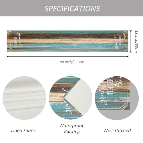 Farmhouse Blue Teal Table Runner 13 x 90 Inches Waterproof Linen for Thanksgiving