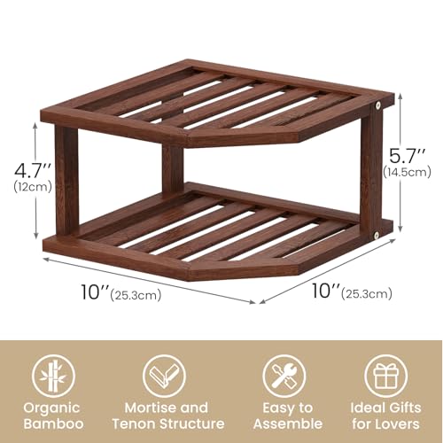 VERTORGAN 2 Tier Bamboo Plate Organizer - Brown Corner Shelf