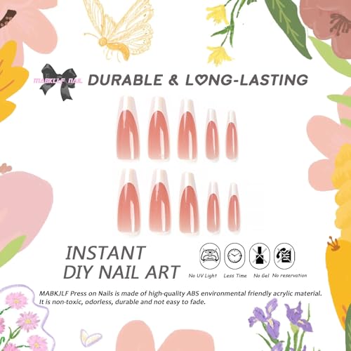 MABKJLF Long Coffin Press on Nails - French Tip Pink False Acrylic Nails