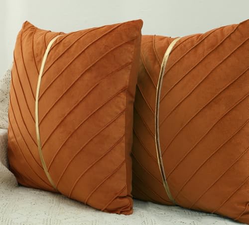 Set of 2 Velvet Throw Pillow Covers 18x18 with Gold Leather - Orange
