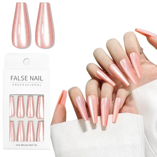 Pink Cat Eye Press On Nails Long Coffin Soft Gel False Nails Kit