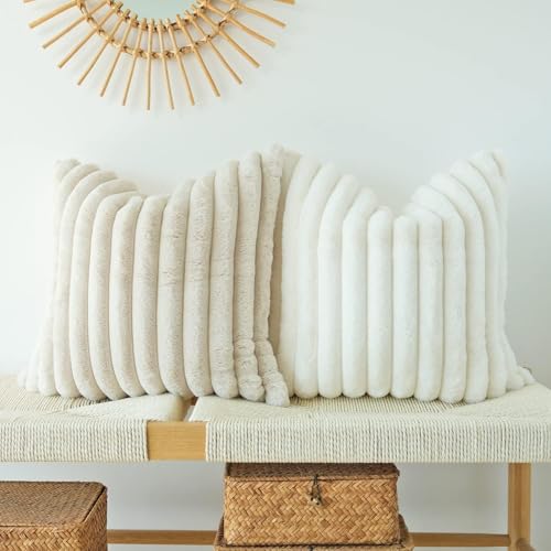 JOJUSIS Faux Fur Throw Pillow Covers (Pack of 2) - 18x18 Beige