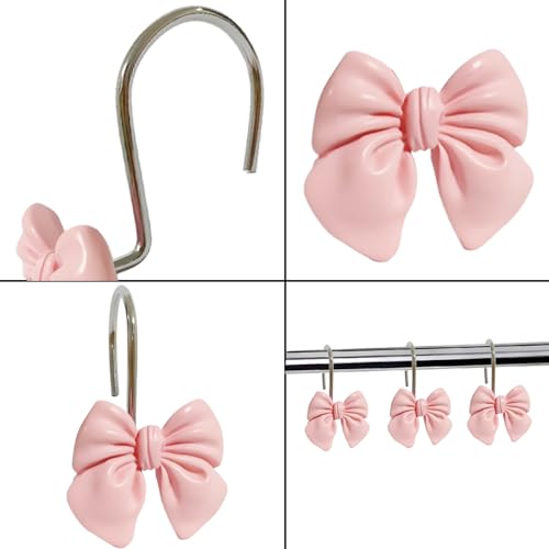 Rust Proof Metal Shower Curtain Hooks with Pink Bow Knot - 12pcs