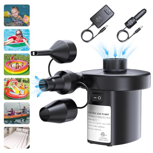 VANNPOOY Electric Air Pump for Inflatables – 110V AC/12V DC with 3 Nozzles