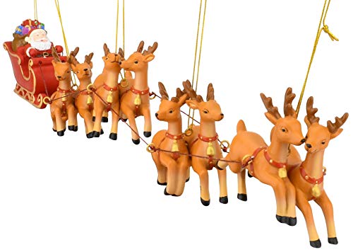 Large Santa Sleigh and Reindeer Christmas Ornament Set - Hand Painted, 17.5 Inches
