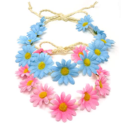 Honbay 2PCS Floral Daisy Flower Crown Hair Wreath Headband Pink and Blue