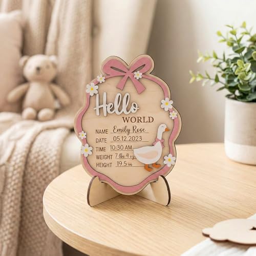 Pink Wooden Hello World Baby Announcement Sign with Stand