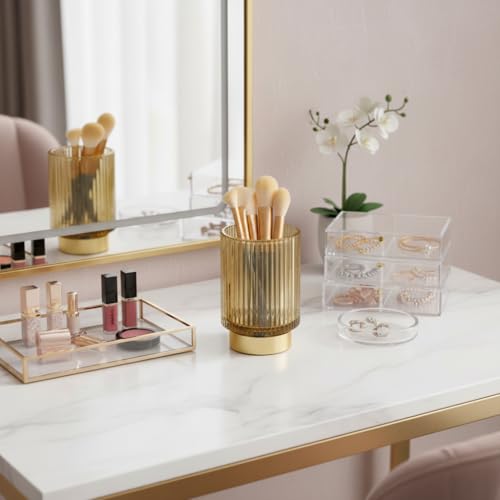 Large Amber Glass Makeup Brush Holder Organizer for Vanity & Countertop
