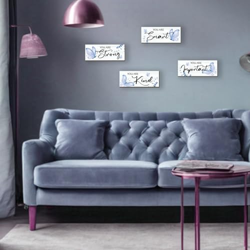 4 Pcs Blue Butterfly Wall Decor, Inspirational Wooden Signs for Bedroom