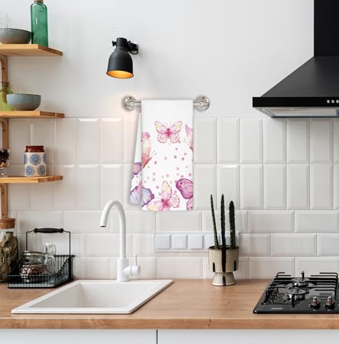 Pink Butterfly Hand Towels - 16x24 Inch Decorative Kitchen & Bathroom Towels