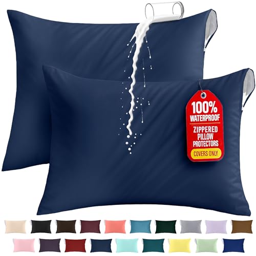 Set of 2 Waterproof Pillow Protectors with Zipper - Navy
