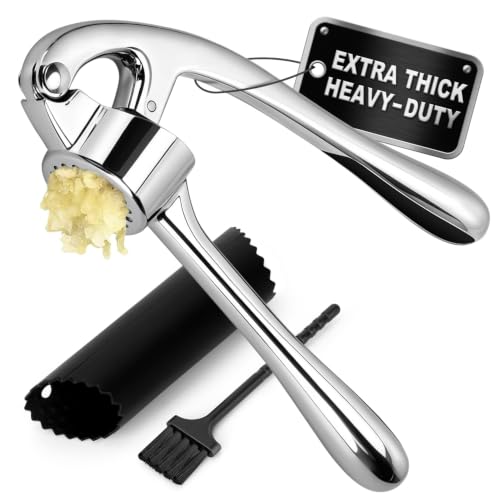 TACGEA Garlic Press Set with Peeler & Brush - Rust Proof, Heavy-Duty