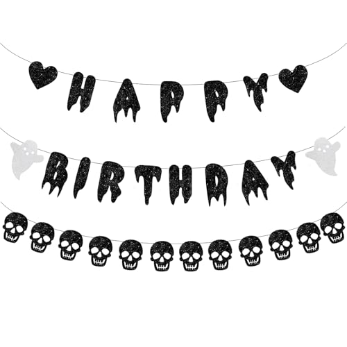 Black Halloween Happy Birthday Banner with Skull Garland Decorations