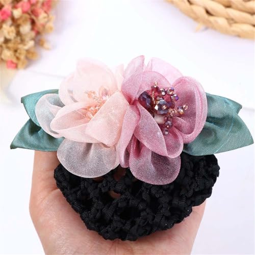 Floral Hair Bun Net with Organza Flowers & Black Crochet Mesh