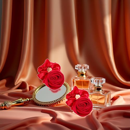 Wine Red Satin Rose Hair Tie Vintage Flower Hair Elastic Accessory