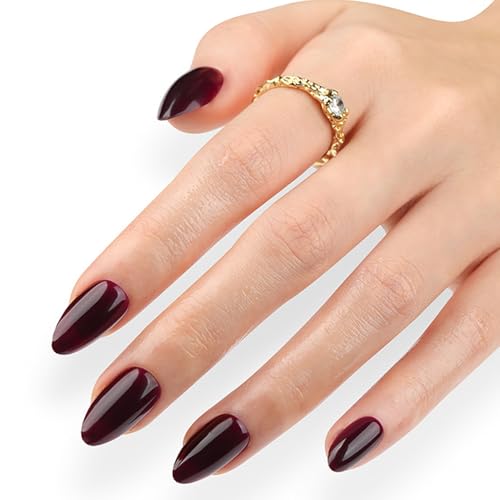 Dark Red Short Almond Press on Nails Glossy Solid Color False Acrylic Nails 30 Pcs
