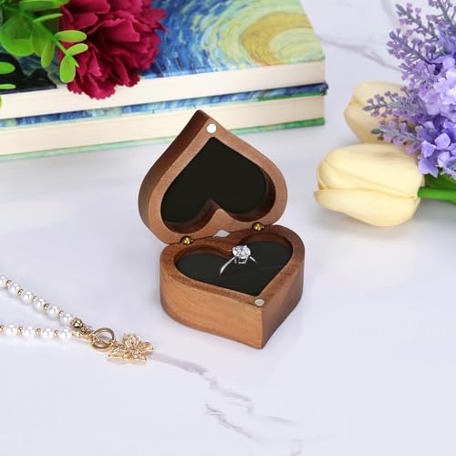 LETURE Wooden Heart-Shaped Ring Box for Engagement & Wedding