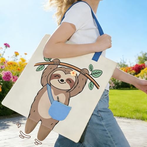 COSHAYSOO Sloth Canvas Tote Bag - Cute Animal Print Reusable Grocery Bag