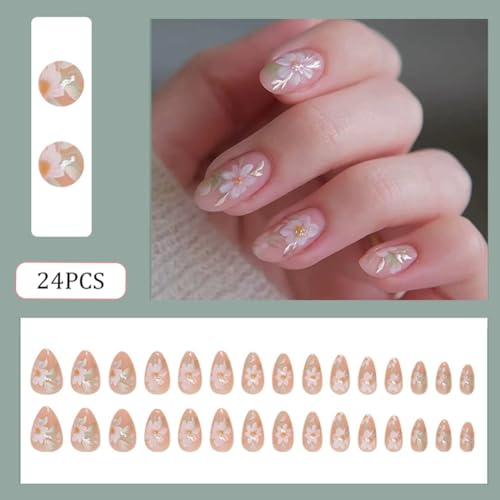 Short Almond Press on Nails with Fresh Floral Design Glossy Acrylic Fake Nails 30pcs