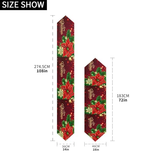 Double-Sided Christmas Poinsettia Flowers Snowflakes Table Runner 14x108 Inches - Holiday Decor