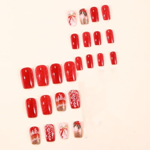 BABALAL Red Christmas Press on Nails Medium Square Gold Glitter False Nails