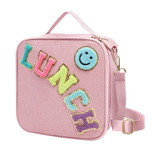 Pink Insulated Lunch Bag with Adjustable Strap - Corduroy Design