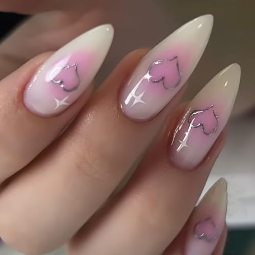 YKZFUI Medium Almond Press on Nails Pink Blush Star False Nails