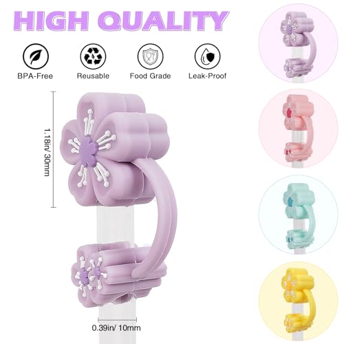 4 Pcs Cherry Blossom Straw Topper for Stanley Cup Accessories,Silicone straw topper for Stanley 30&40 Oz Tumbler,Reusable Flower straw cover fits perfectly with all types of 10mm/0.4in