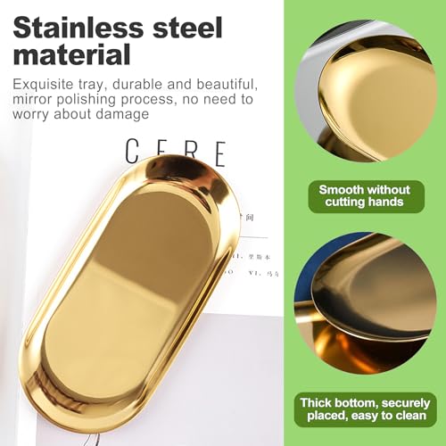 CeroDimo 2-Piece Gold Stainless Steel Oval Vanity Tray Jewelry Dish