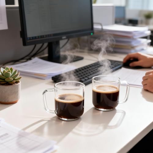 BWODYAY 8 oz Glass Coffee Mugs, Set of 2 Clear Borosilicate Tea Cups