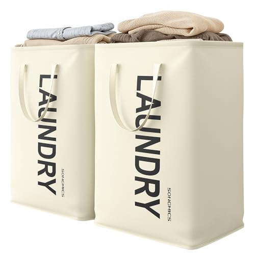 SONGMICS Cream White Laundry Hamper 80L, 2 Pack, Foldable