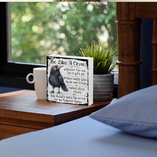 Funny Crow Wooden Box Sign - 5x5 Inspirational Decor Gifts, White 1157