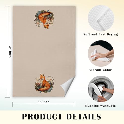 JINYO Fox Floral Kitchen Towels - Beige Foxes Decor Tea Dish Towels 16x24 Inches