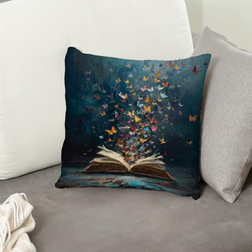 Butterfly Book Throw Pillow Cover - Dark Academia 18x18 Inch (02-a-fantasy)