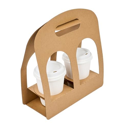 Restaurantware Bio Tek Drink Carriers 100 Disposable Cup Carriers With Handles - Holds 2 Cups For Delivery Or To Go Kraft Paper Drink Holders Built-In Handle Fits Multiple Beverages