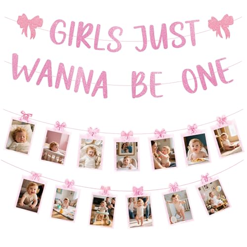 Girls First Birthday Banner & Photo Garland Set for Baby Girl Celebration