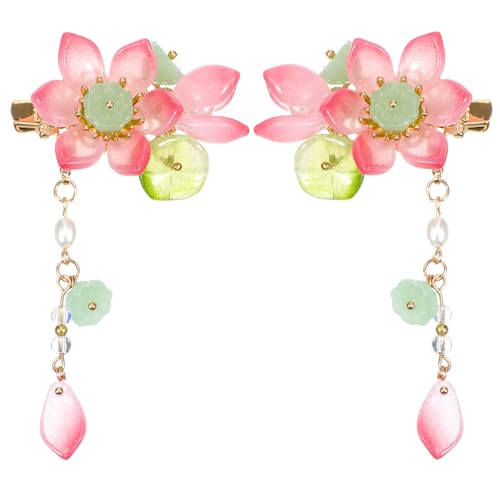 Shimmeroo 2Pcs Pink Flower Hair Clip Vintage Glass Bead Tassel Barrette