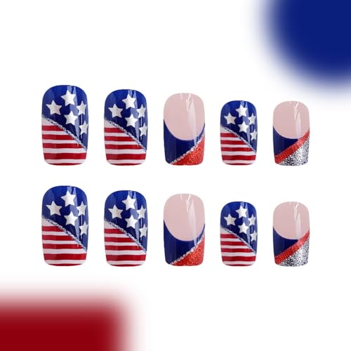 Independence Day Press on Nails Short Square Fake Nails Red Blue Glitters
