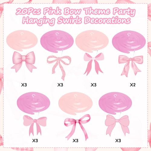 Pink Bow Hanging Swirls Decorations - 20 Pack Party Decor
