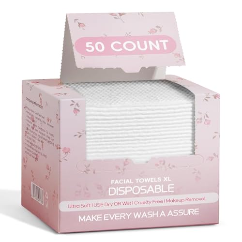 Feisou Disposable Face Towels - Soft & Thick 100% Viscose Facial Cleansing Wipes, 50 Count