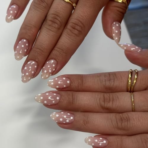 White Polka Dots Press on Nails Medium Almond Fake Nails 24Pcs
