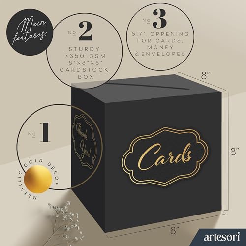 Artesori Black Wedding Card Box with Slot - 8x8" Gift & Envelope Holder