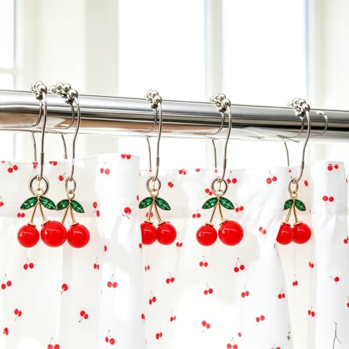 12 Cherry-Decorated Stainless Steel Shower Curtain Hooks - Rust-Resistant